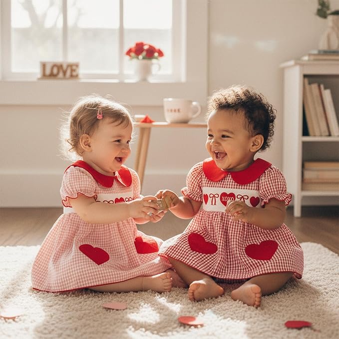 Baby Girl Valentines Day Outfit Newborn Romper Dress Heart Embroidery Puff Short Sleeve Plaid Skirt Hem Jumpsuit