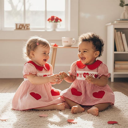 Baby Girl Valentines Day Outfit Newborn Romper Dress Heart Embroidery Puff Short Sleeve Plaid Skirt Hem Jumpsuit