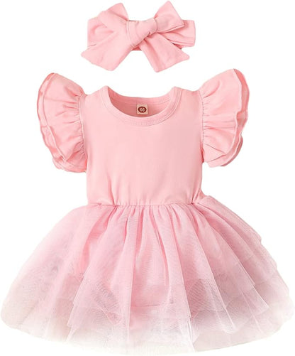 Baby Girl Clothes Infant Ruffle Sleeve Romper Dress Newborn Solid Tutu Skirt Sets Jumpsuit Headband Outfit