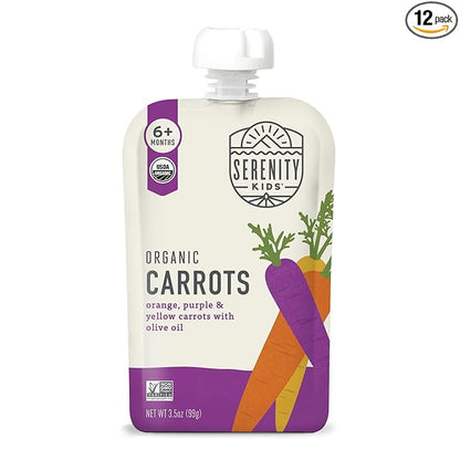 Serenity Kids 6+ USDA Months Organic Carrot Veggie Puree Baby Food Pouches - 3.5 oz Pack of 12 - Organic, BPA-Free & Allergen Free Baby Snacks - No Sugary Fruits & No Added Sugar - 3.5 Oz, 12 Pack