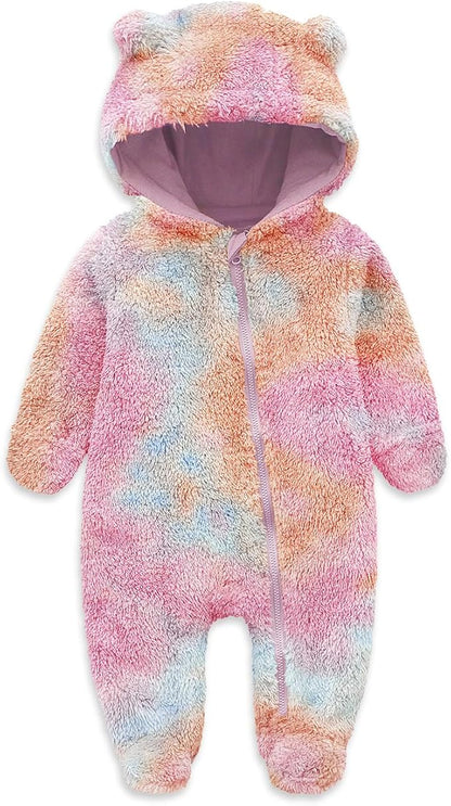 Jimonda Baby Tie Dye Snowsuit Winter Fleece Jumpsuit 0-18 Months, 100% Polyester Hooded Romper with Bear Ears for Infant
