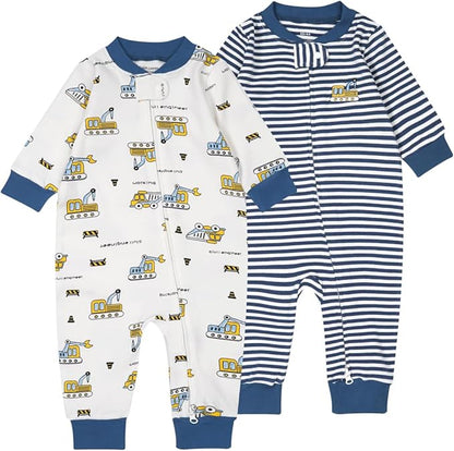 Teach Leanbh Baby 2-Pack 100% Cotton Romper Jumpsuits Two Way Zipper Long Sleeve Footless Sleep and Play