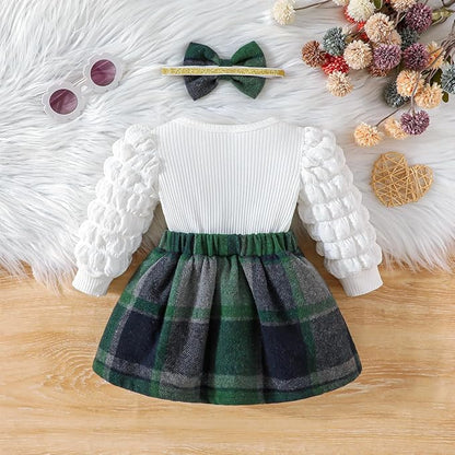 Toddler Baby Girl Plaid Dress Puff Sleeve Bow Patchwork Ribbed Shirts Dress Plaid Fall Winter Outfits with Headband