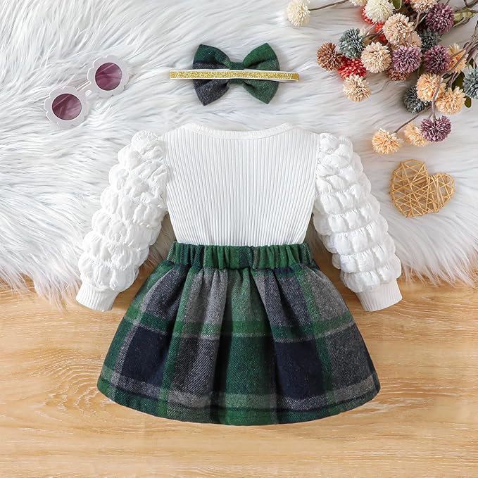 Toddler Baby Girl Plaid Dress Puff Sleeve Bow Patchwork Ribbed Shirts Dress Plaid Fall Winter Outfits with Headband