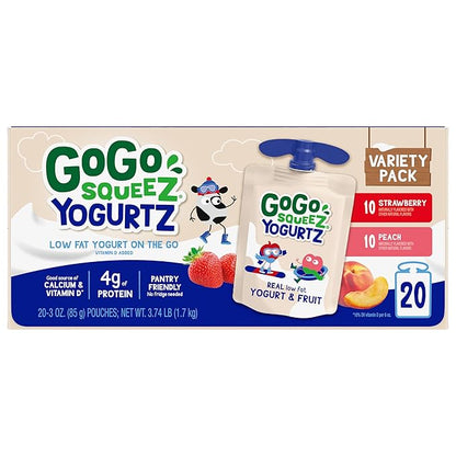 GoGo squeeZ YogurtZ Variety Pack, Strawberry & Peach, 3 oz (Pack of 20), Kids Snacks Made with Real Yogurt and Fruit, No Fridge Needed, Gluten Free, Nut Free, Recloseable Cap, BPA Free Pouches