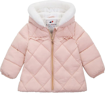 Rokka&Rolla Baby Girls' Water-Resistant Puffer Jacket Hooded Winter Coat with Soft Mini Fur Lining for Newborn Infant Toddler