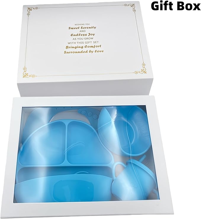 Personalized Name Food Grade 6pcs Baby Feeding Set with Spoon, Fork,Silicone Suction Bowls,Cup,Plate,and bib BPA Free - First Stage Self Feed (Color Blue Y9)