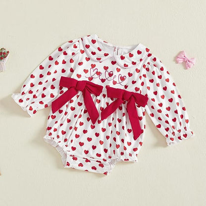 WASAIGOOD Newborn Baby Girl Valentines Romper Infant Doll Neck Bubble Sleeve Bodysuit Heart Outfit Baby Valentines Day Onesie