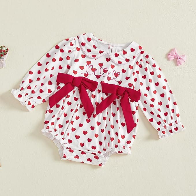 WASAIGOOD Newborn Baby Girl Valentines Romper Infant Doll Neck Bubble Sleeve Bodysuit Heart Outfit Baby Valentines Day Onesie