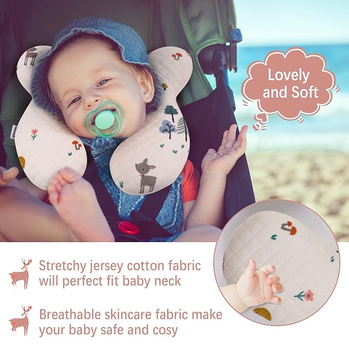 Baby Travel Pillow Upgraded, Soft Baby Head Support Pillow for Newborn Toddler，Babies Neck Car Seat, Pushchair and Strollers, Deer