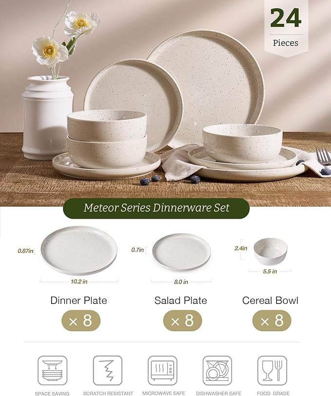 Famiware Meteor Plates and Bowls Sets, 24-Piece Stoneware Dinnerware Sets, Dishes Set for 8, Microwave and Dishwasher Safe Tableware, Creamy White