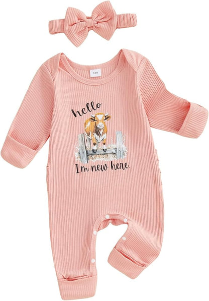 WZTYYDS Newborn Baby Girl Clothes Ribbed Romper Print Long Sleeve Jumpsuits Bow Headband Set Infant One-piece Outfits