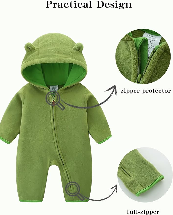 Newborn Baby Bear Onesie Winter Snowsuit With Fold-over Mittens & Footies Zip Up Baby Fleece Jumpsuit 0-18M