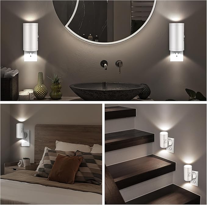 4 Pack LED Wall Plug-in Night Light with Dusk to Dawn Sensor, 5000K Daylight White, Dimmable 0-300LM, Adjustable Rotating Lamp for Bedroom, Bathroom, Kitchen, Hallway (Auto On/Off, Wall Outlet)