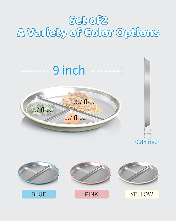 Stainless Steel Kids Plates (2 Pack): 9" Divided Plates with Silicone Suction for Babies, Unbreakable Dinner Dishes for Toddlers, Non Toxic, BPA Free, Anti-Slip, Dishwasher Safe (Pink & Yellow)