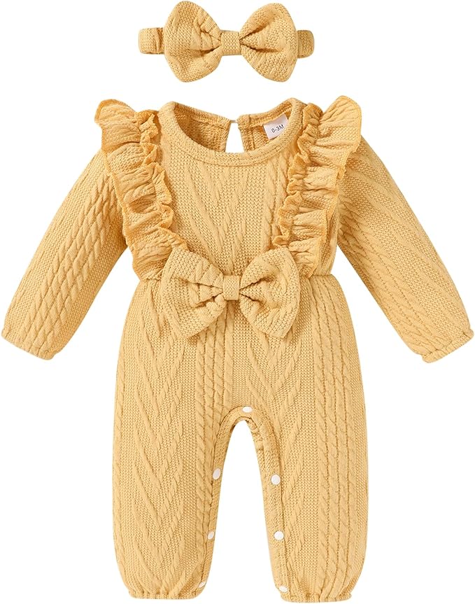 Happy Town Baby Girl Romper Infant Fall Winter Clothes Ruffle Sweater Long Sleeve Bodysuit Jumpsuit and Headband