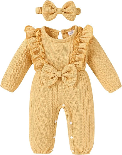 Happy Town Baby Girl Romper Infant Fall Winter Clothes Ruffle Sweater Long Sleeve Bodysuit Jumpsuit and Headband