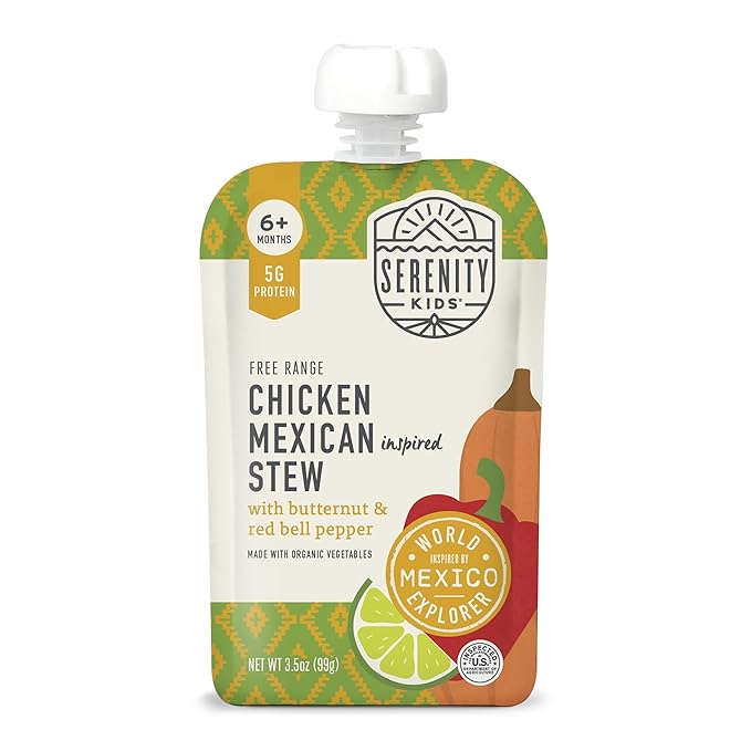 Serenity Kids 6+ Months Chicken Mexican Stew Baby Food Pouch - 3.5 oz, Pack of 12 - DV 5g Protein Baby Protein Pouches - Chicken Veggie Puree - On-the-Go Convenience
