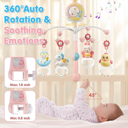 BOBXIN Baby Musical Crib Mobile for Bassinet with Projector and Night Light,150 Music,Timing Function,Take Along Mobile Musical Box and Rattle,Toy for Newborn Girls Boys