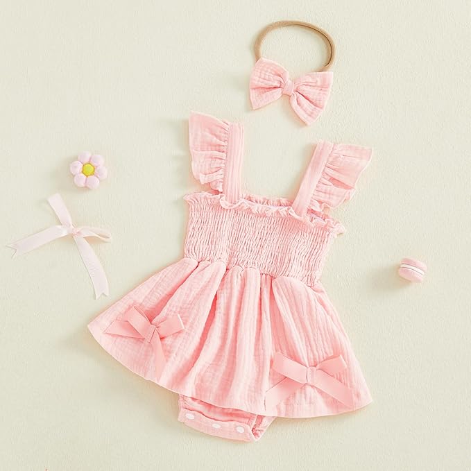 Thorn Tree Baby Girl Summer Clothes Newborn Outfit Ruffle Romper Infant Baby Dress Bow Headband Solid Cute Outfits Girls