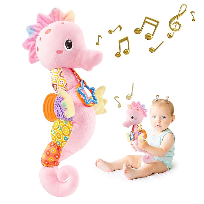 Sumobaby Infant Baby Musical Stuffed Animal Activity Soft Toys with Multi-Sensory Crinkle, Rattle and Textures, for Tummy Time Newborn 0-3-6-12 Months Girls,Seahorses, Pink