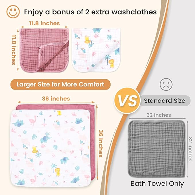 Hooded Baby Towels for Newborn, 2 Pack 36x36Inch Muslin Cotton Baby Bath Towel and 2 Pack 12x12Inch Washcloth Set with Hood for Babies, Toddler and Kids, Essentials Must Haves(Green and Deer)