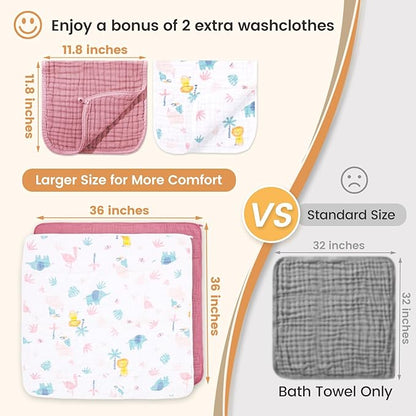 Hooded Baby Towels for Newborn, 2 Pack 36x36Inch Muslin Cotton Baby Bath Towel and 2 Pack 12x12Inch Washcloth Set with Hood for Babies, Toddler and Kids, Essentials Must Haves(Green and Deer)
