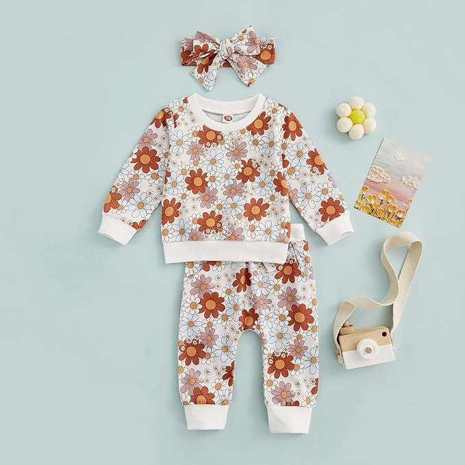 3Pcs Baby Girl Outfits Daisy Sweatshirt + Pants + Headband Infant Fall Winter Clothes