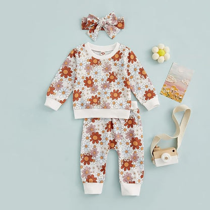 3Pcs Baby Girl Outfits Daisy Sweatshirt + Pants + Headband Infant Fall Winter Clothes