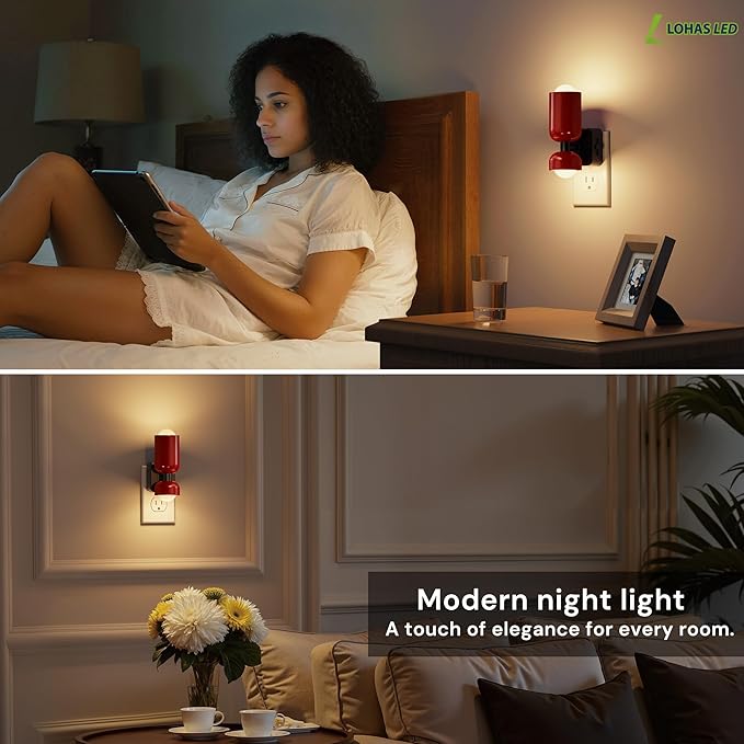 L LOHAS LED Night Light, Night Lights Plug into Wall, 0-100LM Bathroom Night Light, Dusk to Dawn Dimmable Nightlight, Modern Metal Red Nightlight for Bedroom,Mirror Restroom[2 Pack]