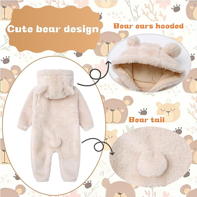 Newborn Baby Romper Fleece Onesie Jumpsuit Toddler Warm Hooded Outwear Outfits for Infant