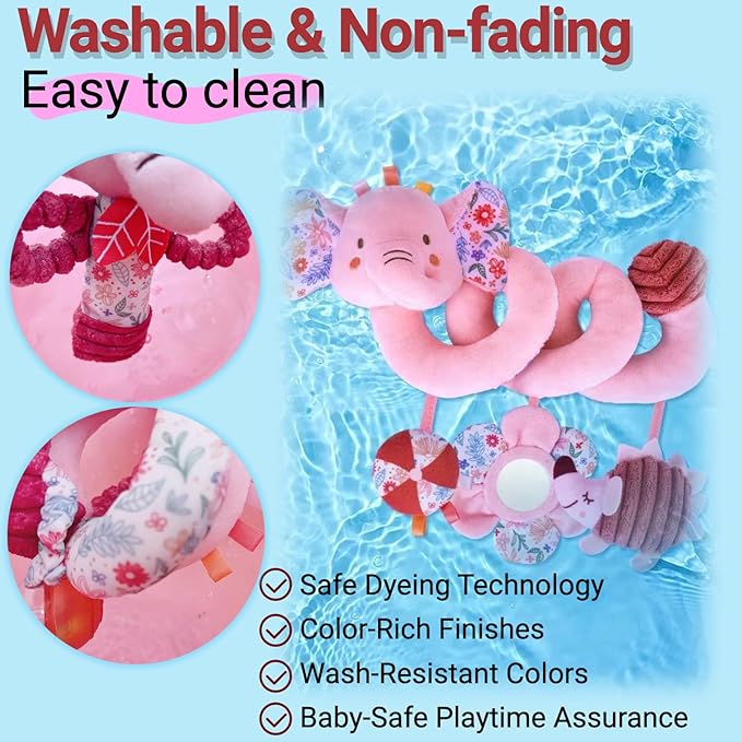 Infant Toys 0-6-12 Months Spiral Car Seat Toy, Baby Stroller Hanging Rattle Stuffed Animal for Babies 0-3-4-5-7 Christmas Newborn Boy Girl Gifts Stocking Stuffers Mirror Crinkle Elephant 3PCS