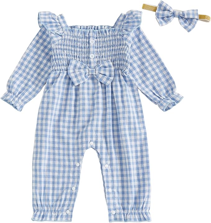 Newborn Infant Smocked Baby Girl Clothes Plaid Bubble Romper Long Leg Bodysuit Bow One-Piece Jumpsuit