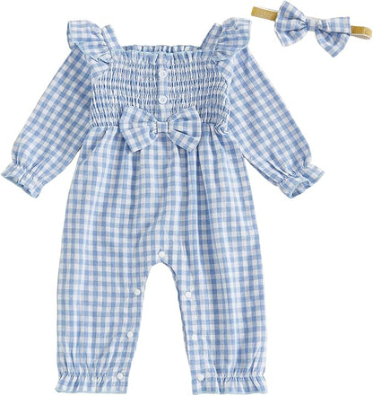 Newborn Infant Smocked Baby Girl Clothes Plaid Bubble Romper Long Leg Bodysuit Bow One-Piece Jumpsuit