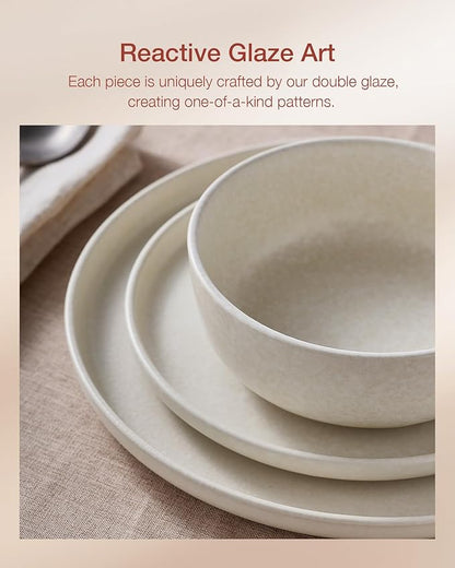 Famiware Milkyway Plates and Bowls Sets, 12 Pieces Dinnerware Sets, Reactive Glaze Dish Set, Stoneware Dishes Set for 4, Matte Beige White