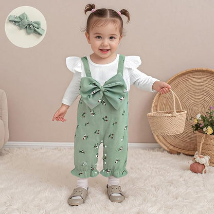 Infant Baby Girl Fall Outfit Romper Cherry Print Fake Two Pieces Patchwork Bow Jumpsuit Newborn Winter Clothes