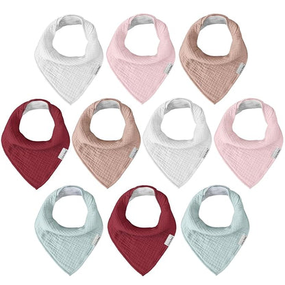 Muslin Baby Bibs for Boys Girls,10 Pack Super Absorbent Baby Bandana Drool Bibs Set for Teething and Drooling,100% Cotton Soft for Infant,Newborn