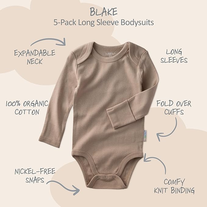 Blake 5-Pack Long Sleeve Bodysuits 100% Organic Cotton Baby Boys & Girls