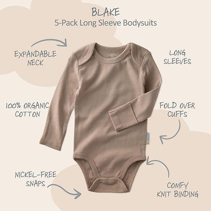 Blake 5-Pack Long Sleeve Bodysuits 100% Organic Cotton Baby Boys & Girls