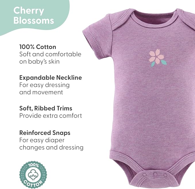 The Peanutshell Baby Girl Short Sleeve Bodysuits - 100% Cotton Soft Infant Girls' Outfits, 0-24 Months - Cherry Blossom