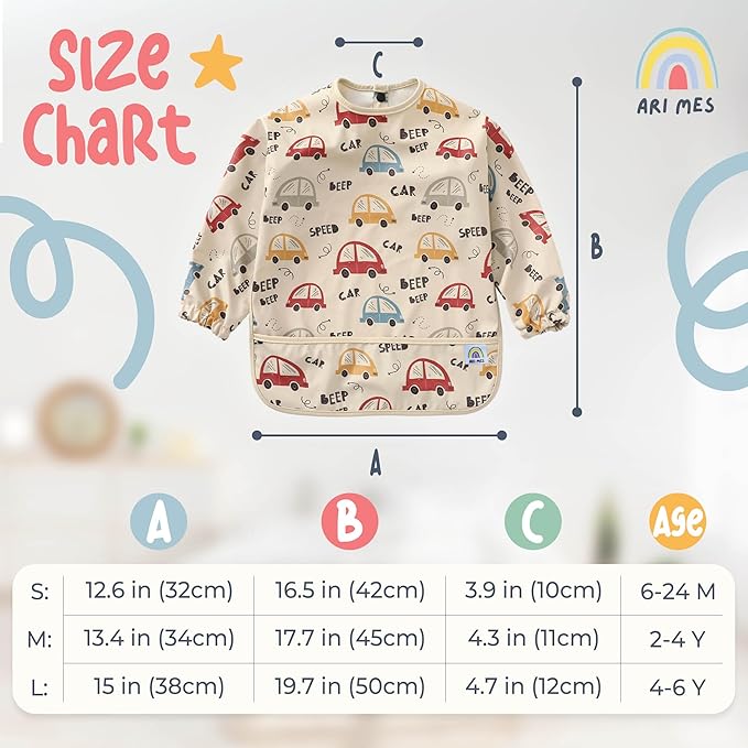 ARI MES Long Sleeves Waterproof Baby Bibs for Eating - Green, Large- Wearable, Coverall for Toddler, Long Sleeve Bib, Smock Apron for Feeding - Applicable for 6-72 Months