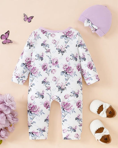 Mioglrie Newborn Baby Girl Clothes Long Sleeve Romper Infant Fall Winter Outfits Floral Hat Jumpsuit Preemie Girl Clothes