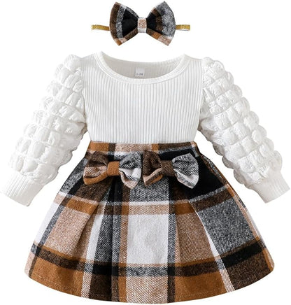 Toddler Baby Girl Plaid Dress Puff Sleeve Bow Patchwork Ribbed Shirts Dress Plaid Fall Winter Outfits with Headband