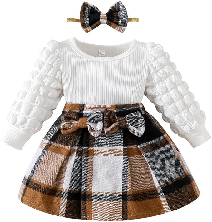 Toddler Baby Girl Plaid Dress Puff Sleeve Bow Patchwork Ribbed Shirts Dress Plaid Fall Winter Outfits with Headband