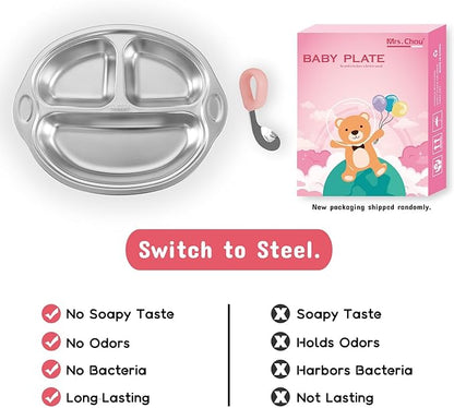 Stainless Steel Baby Suction Plates: Divided Plates for Babies and Toddlers, Made of 100% Food-Grade Materials Ideal for Baby-Led Weaning BPA-Free Toddler Feeding Dishwasher Safe PINK