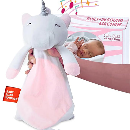 Baby Sleep Soother Pink & White Unicorn Plush with Heartbeat & Lullaby Sounds, 4-in-1 Sound Machine, Security Blanket & Pacifier Holder, Baby Registry Essential & Christmas Gift for Newborns & Infants