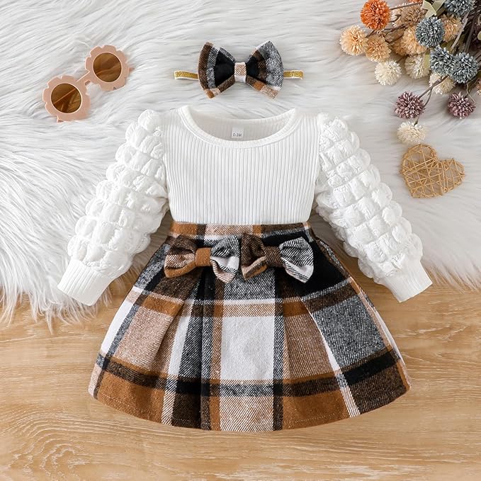 Toddler Baby Girl Plaid Dress Puff Sleeve Bow Patchwork Ribbed Shirts Dress Plaid Fall Winter Outfits with Headband