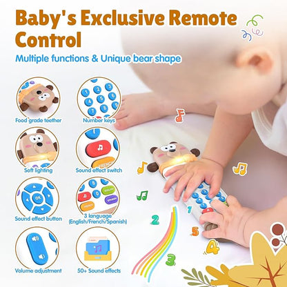 Baby Remote Control Toy with Silicone Teether, Realistic Lights & Sounds, 3 Languages (English, Spanish & French), Baby Musical Toys Gifts for Boys Girls 6 Month+