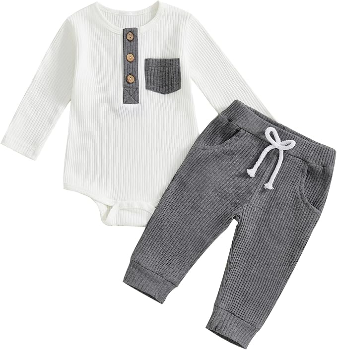 fhutpw Baby Boy Clothes 3 6 12 18 Months Ribbed Knitted Long Sleeve Romper and Pants Sets Newborn Fall Splicing Color Outfits
