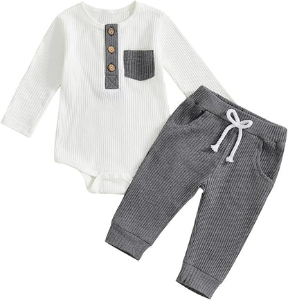 fhutpw Baby Boy Clothes 3 6 12 18 Months Ribbed Knitted Long Sleeve Romper and Pants Sets Newborn Fall Splicing Color Outfits